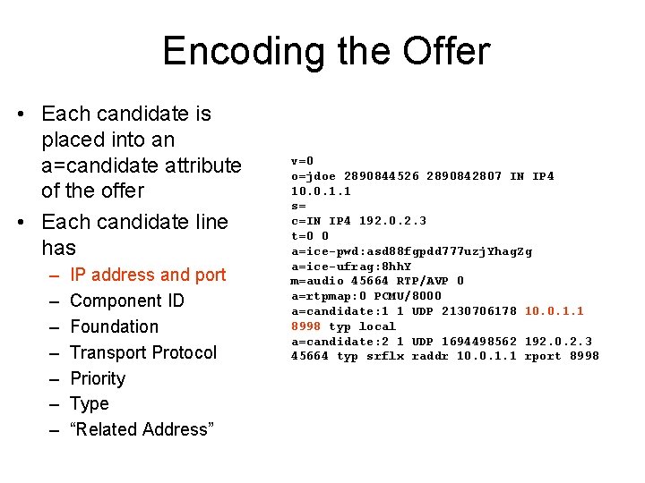 Encoding the Offer • Each candidate is placed into an a=candidate attribute of the