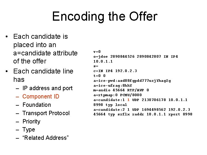 Encoding the Offer • Each candidate is placed into an a=candidate attribute of the