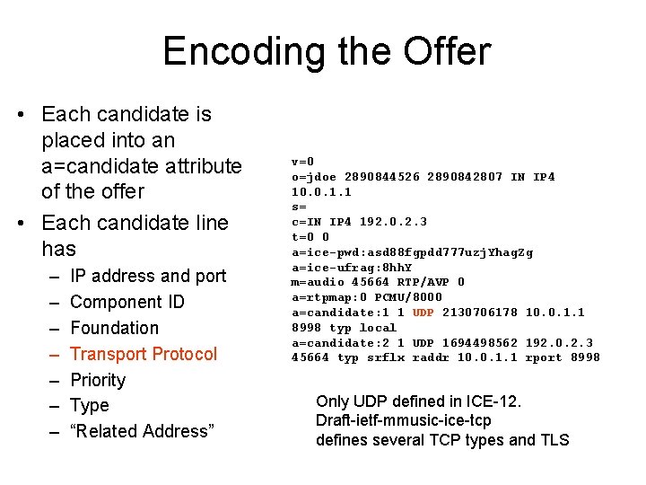 Encoding the Offer • Each candidate is placed into an a=candidate attribute of the