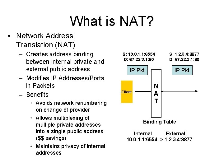 What is NAT? • Network Address Translation (NAT) – Creates address binding between internal