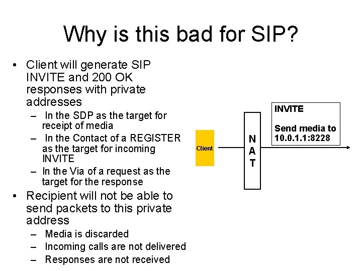 Why is this bad for SIP? • Client will generate SIP INVITE and 200