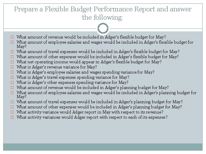 Prepare a Flexible Budget Performance Report and answer the following: � What amount of