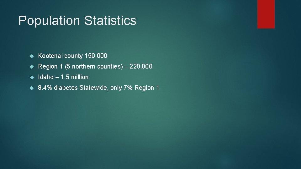 Population Statistics Kootenai county 150, 000 Region 1 (5 northern counties) – 220, 000