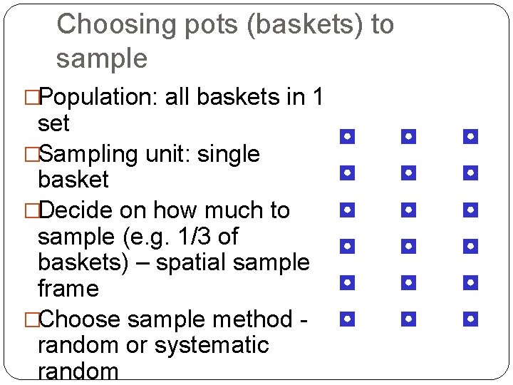 Choosing pots (baskets) to sample �Population: all baskets in 1 ◘ ◘ ◘ ◘