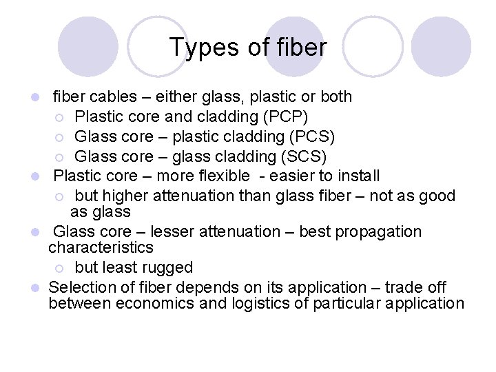 Types of fiber cables – either glass, plastic or both ¡ Plastic core and