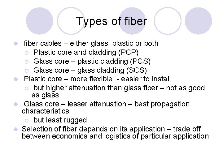 Types of fiber cables – either glass, plastic or both ¡ Plastic core and