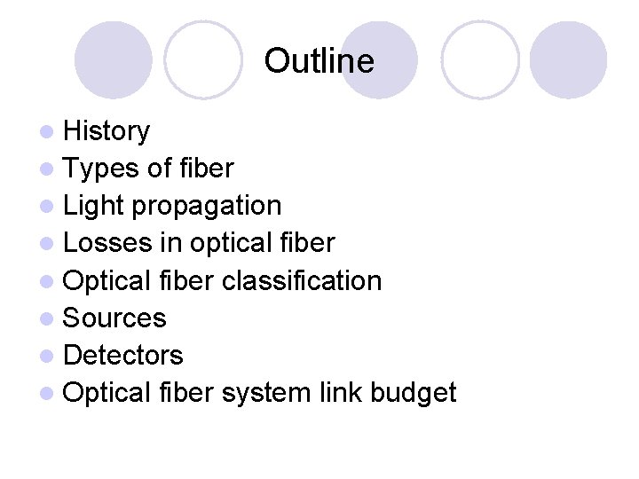 Outline l History l Types of fiber l Light propagation l Losses in optical