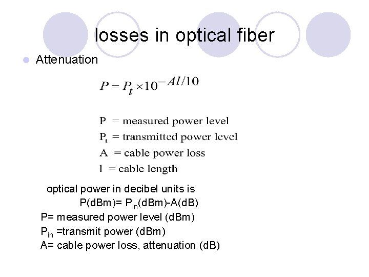 losses in optical fiber l Attenuation optical power in decibel units is P(d. Bm)=