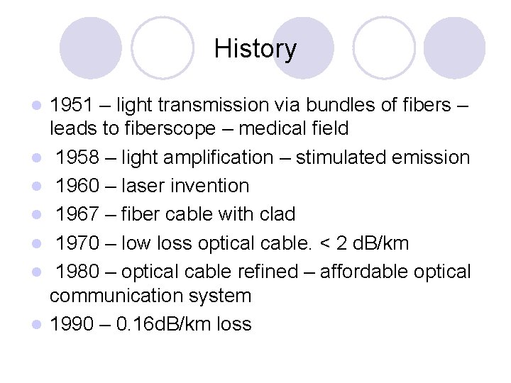History l l l l 1951 – light transmission via bundles of fibers –