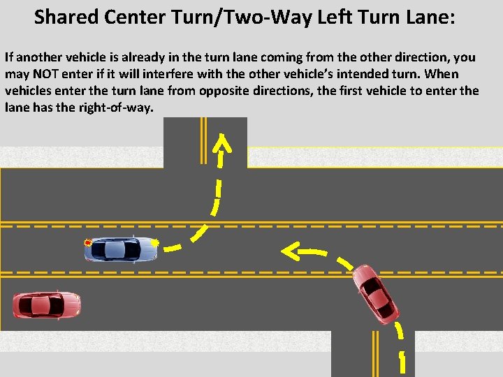 Shared Center Turn/Two-Way Left Turn Lane: If another vehicle is already in the turn