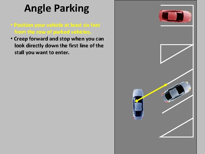 Angle Parking • Position your vehicle at least six feet from the row of
