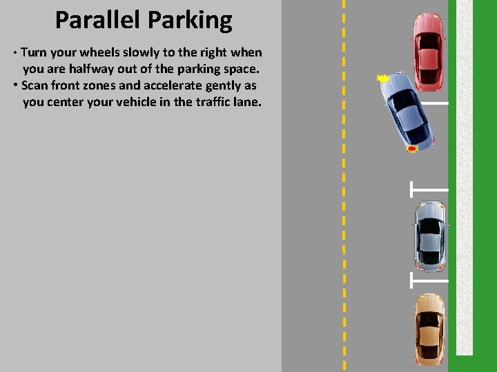 Parallel Parking • Turn your wheels slowly to the right when you are halfway Parallel Parking • Turn your wheels slowly to the right when you are halfway