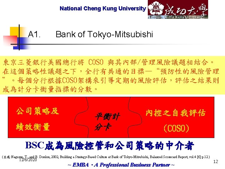 National Cheng Marketech International Kung University Corp. A 1. Bank of Tokyo-Mitsubishi 東京三菱銀行美國總行將 COSO