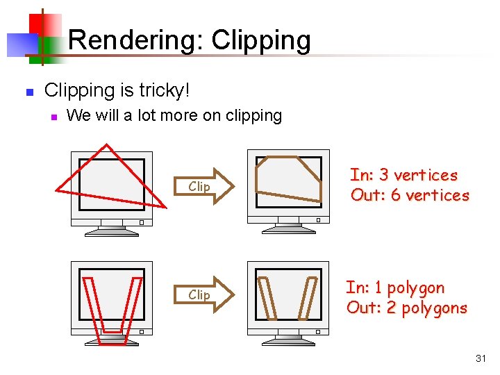 Rendering: Clipping n Clipping is tricky! n We will a lot more on clipping