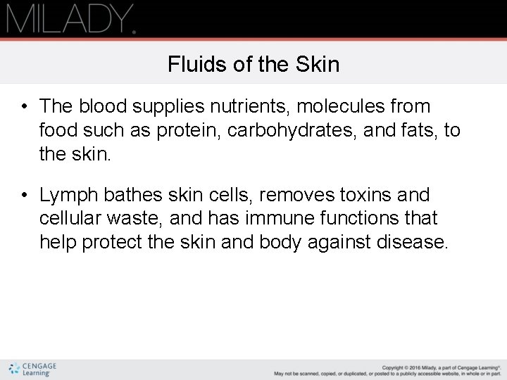 Fluids of the Skin • The blood supplies nutrients, molecules from food such as