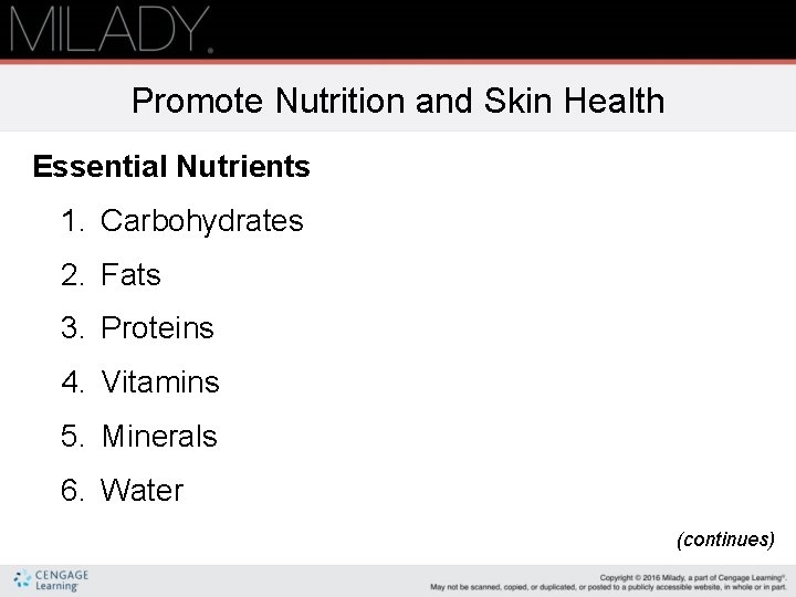 Promote Nutrition and Skin Health Essential Nutrients 1. Carbohydrates 2. Fats 3. Proteins 4.