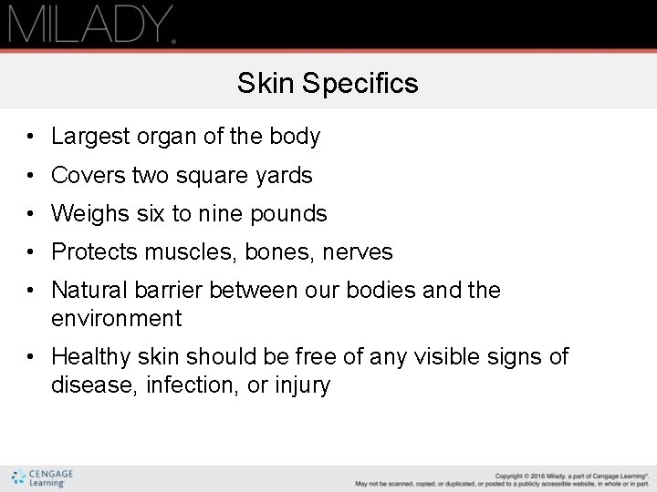 Skin Specifics • Largest organ of the body • Covers two square yards •