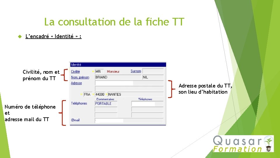 La consultation de la fiche TT L’encadré « Identité » : Civilité, nom et