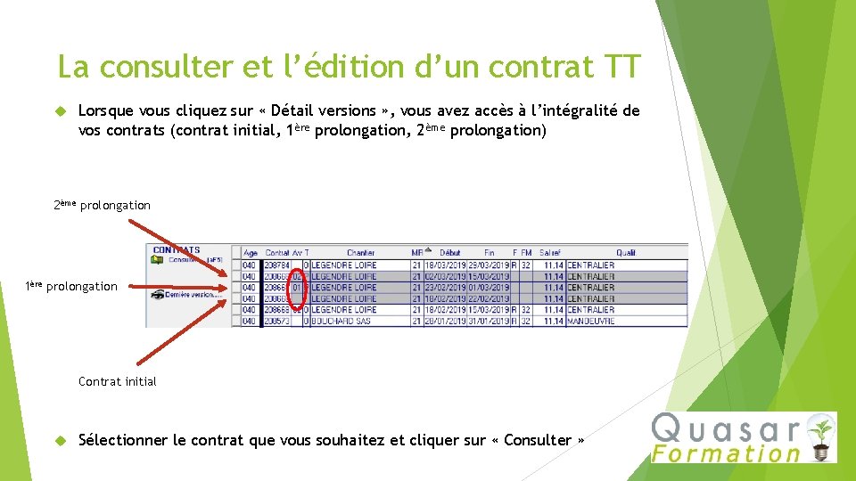 La consulter et l’édition d’un contrat TT Lorsque vous cliquez sur « Détail versions