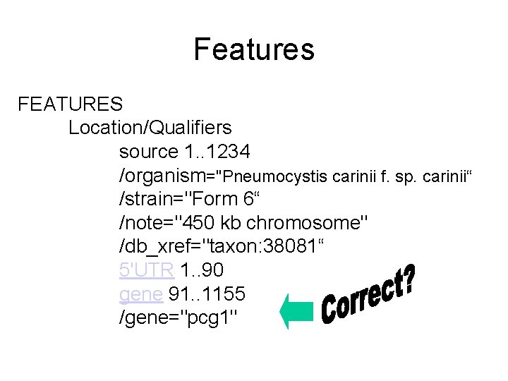 Features FEATURES Location/Qualifiers source 1. . 1234 /organism="Pneumocystis carinii f. sp. carinii“ /strain="Form 6“ Features FEATURES Location/Qualifiers source 1. . 1234 /organism="Pneumocystis carinii f. sp. carinii“ /strain="Form 6“