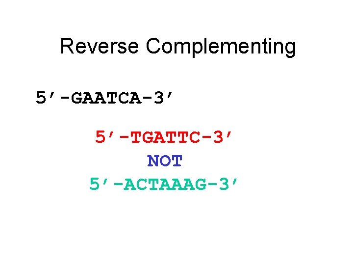 Reverse Complementing 5’-GAATCA-3’ 5’-TGATTC-3’ NOT 5’-ACTAAAG-3’ Reverse Complementing 5’-GAATCA-3’ 5’-TGATTC-3’ NOT 5’-ACTAAAG-3’