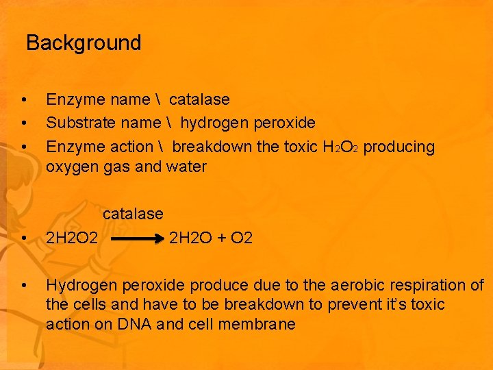 Background • • • Enzyme name catalase Substrate name hydrogen peroxide Enzyme Background • • • Enzyme name catalase Substrate name hydrogen peroxide Enzyme