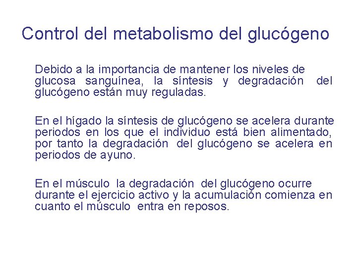 Control del metabolismo del glucógeno Debido a la importancia de mantener los niveles de