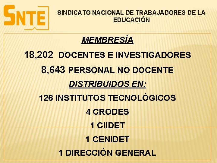 SINDICATO NACIONAL DE TRABAJADORES DE LA EDUCACIÓN MEMBRESÍA 18, 202 DOCENTES E INVESTIGADORES 8,