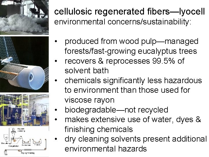 cellulosic regenerated fibers—lyocell environmental concerns/sustainability: • produced from wood pulp—managed forests/fast-growing eucalyptus trees •