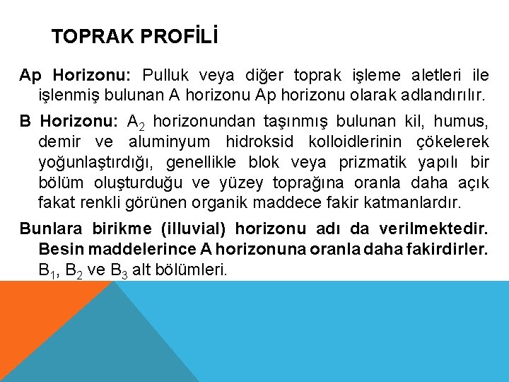 TOPRAK PROFİLİ Ap Horizonu: Pulluk veya diğer toprak işleme aletleri ile işlenmiş bulunan A