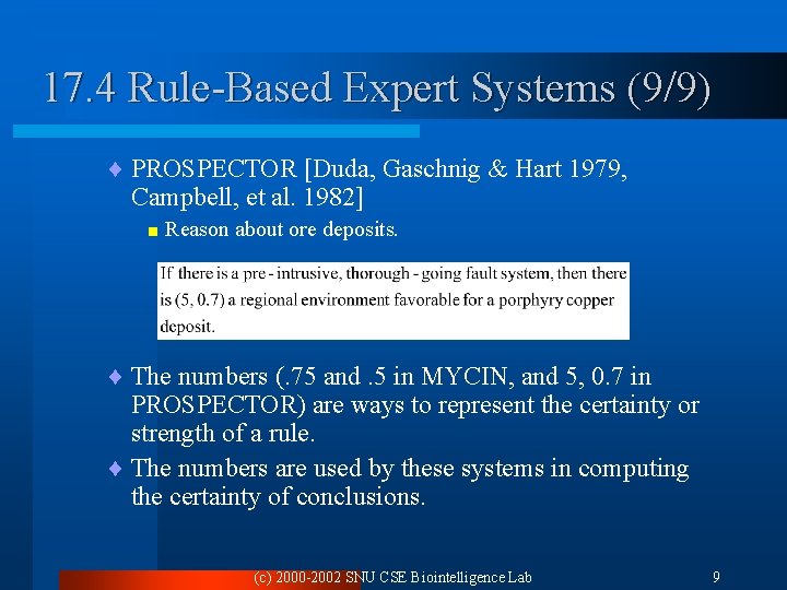 17. 4 Rule-Based Expert Systems (9/9) ¨ PROSPECTOR [Duda, Gaschnig & Hart 1979, Campbell,