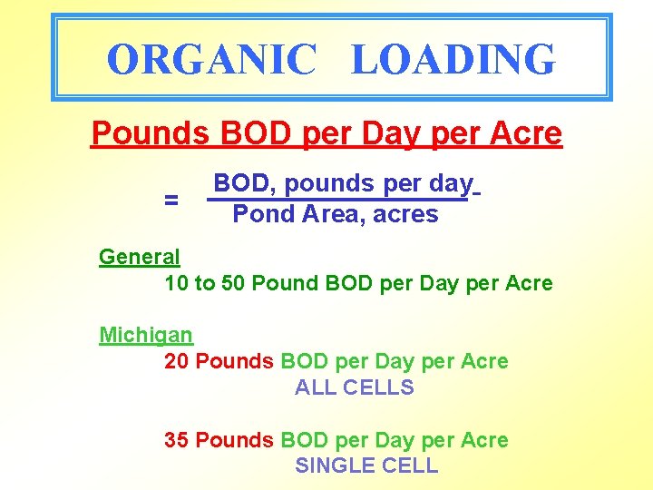 ORGANIC LOADING Pounds BOD per Day per Acre = BOD, pounds per day Pond