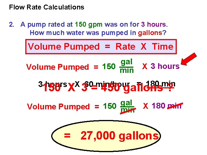 Flow Rate Calculations 2. A pump rated at 150 gpm was on for 3