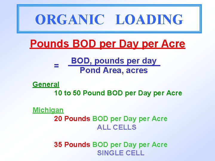 ORGANIC LOADING Pounds BOD per Day per Acre = BOD, pounds per day Pond