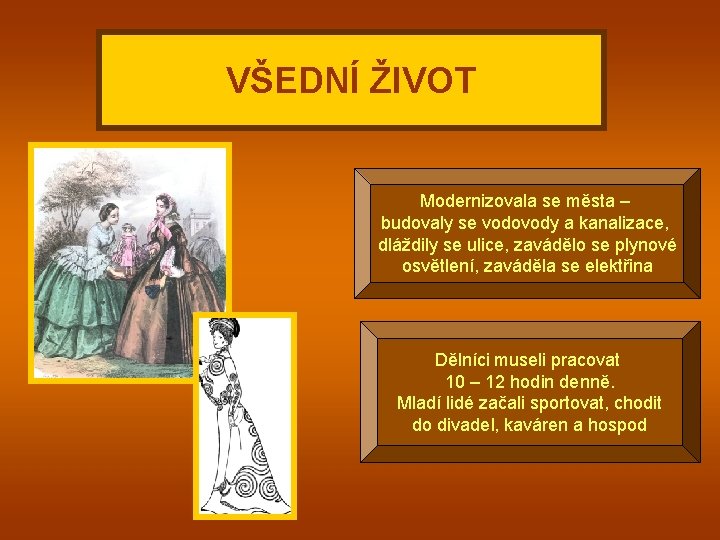 VŠEDNÍ ŽIVOT Modernizovala se města – budovaly se vodovody a kanalizace, dláždily se ulice,