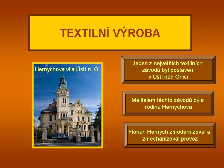 TEXTILNÍ VÝROBA Hernychova vila Ústí n. O. Jeden z největších textilních závodů byl postaven