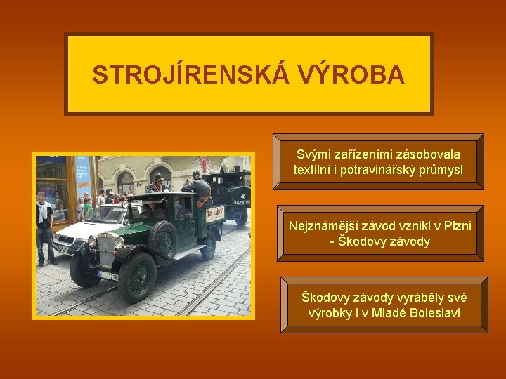STROJÍRENSKÁ VÝROBA Svými zařízeními zásobovala textilní i potravinářský průmysl Nejznámější závod vznikl v Plzni
