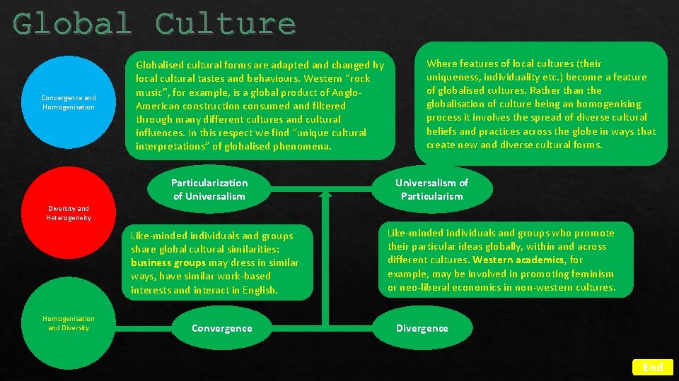 Global Culture Convergence and Homogenisation Globalised cultural forms are adapted and changed by local