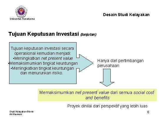 Desain Studi Kelayakan Universitas Gunadarma Tujuan Keputusan Investasi (lanjutan) Tujuan keputusan investasi secara operasional