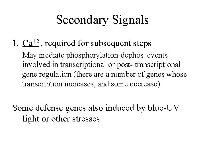 Secondary Signals 1. Ca+2 , required for subsequent steps May mediate phosphorylation-dephos. events involved
