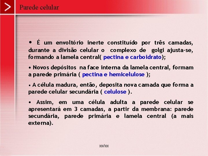 Parede celular • É um envoltório inerte constituído por três camadas, durante a divisão Parede celular • É um envoltório inerte constituído por três camadas, durante a divisão