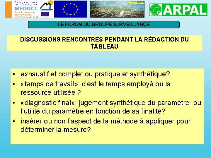 Posidonia LE FORUM DU GROUPE SURVEILLANCE DISCUSSIONS RENCONTRÈS PENDANT LA RÉDACTION DU TABLEAU •