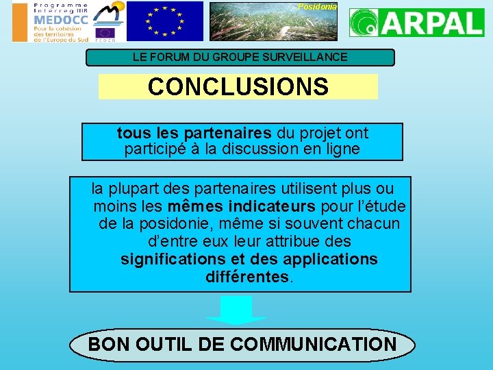 Posidonia LE FORUM DU GROUPE SURVEILLANCE CONCLUSIONS tous les partenaires du projet ont participé