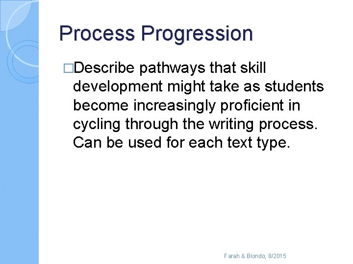Process Progression �Describe pathways that skill development might take as students become increasingly proficient