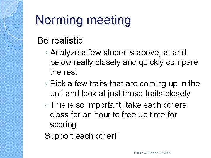 Norming meeting Be realistic ◦ Analyze a few students above, at and below really