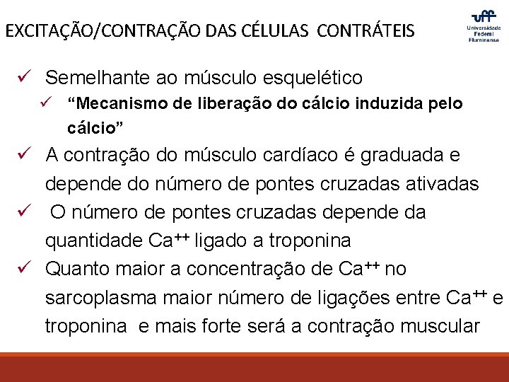 EXCITAÇÃO/CONTRAÇÃO DAS CÉLULAS CONTRÁTEIS ü Semelhante ao músculo esquelético ü “Mecanismo de liberação do