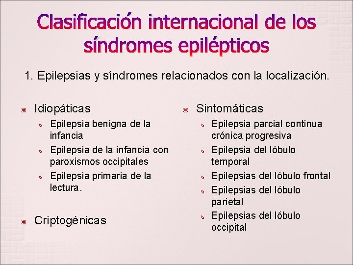 Clasificación internacional de los síndromes epilépticos 1. Epilepsias y síndromes relacionados con la localización.