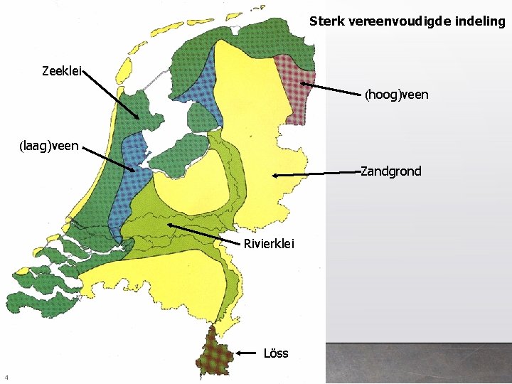 Sterk vereenvoudigde indeling Zeeklei (hoog)veen (laag)veen Zandgrond Rivierklei Löss 