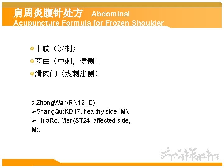 肩周炎腹针处方 Abdominal Acupuncture Formula for Frozen Shoulder 中脘（深刺） 商曲（中刺，健侧） 滑肉门（浅刺患侧） ØZhong. Wan(RN 12, D),