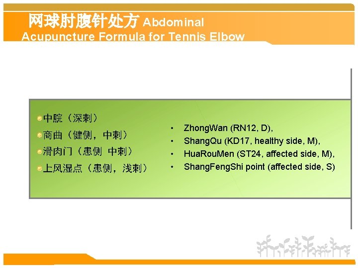 网球肘腹针处方 Abdominal Acupuncture Formula for Tennis Elbow 中脘（深刺） 商曲（健侧，中刺） 滑肉门（患侧 中刺） 上风湿点（患侧，浅刺） • •